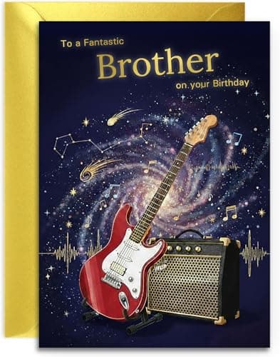 Image of Brother Electric Guitar Birthday Card - Music Themed Greeting Card Rock n Roll - Guitar & Amp in Musical Space Design - For Him - A5 Size Card with Gold Envelope