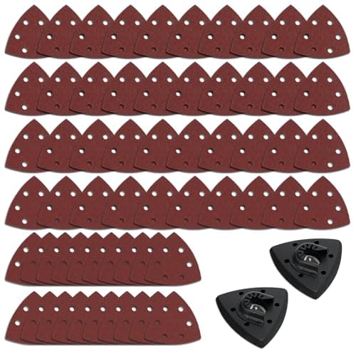 Image of 62Pcs Multi Function Triangular Sanding Pad Kit, Mouse Sander Detail Sandpaper, 60 80 120 180 240 320 Grit Hook Loop Multitool Sandpaper with 2 Multitool Schleifplatte for Grinding and Polishing
