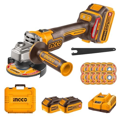 Image of INGCO 20V Cordless Angle Grinder 115mm, 1000W, Brushless Motor, 3 Varibale Speed 3000/6000/ 9000RPM with 2Pcs 4.0Ah Battery, 1Pcs Charger for Cutting, Grinding, Polishing and Sharpening CAGLI271532