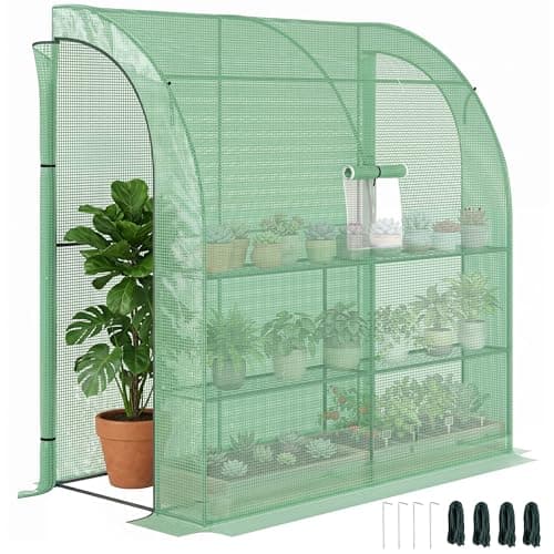 Image of Outsunny Walk-In Lean to Wall Greenhouse with Windows and Doors, Outdoor Green House with 3 Tiers 4 Wired Shelves, 200L x 100W x 215Hcm, Green