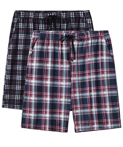 Image of MoFiz Men's Pyjama Shorts Check Nightwear Lounge Wear Shorts Pyjama Bottoms Super Soft Comfy Sleep PJ Shorts 2 Pack Plaid A Size US XL