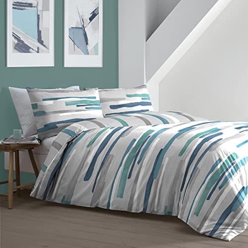 Image of Fusion - Blue Nautical Stripe Duvet Cover - Double Bedding Size (200 x 200cm) - Clifton Collection - Contemporary Blue Duvet Cover - Grey/Teal Blue Bed Set - Teal Bedding with Stripe
