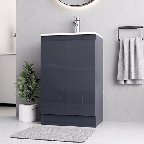 Image of BELOFAY Denvor Grey 500mm Floor Standing Bathroom Vanity Unit With Basin - Laquered Cloakroom Vanity Unit with 1 Tap Hole Ceramic Basin and Soft Close Hinges. (WASTE INCLUDED)