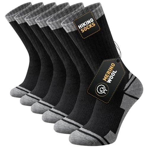 Image of Stoeury Merino Wool Hiking Socks Men Women, Thermal Thick Walking Socks Winter Warm, Anti Blister Cushioned Crew Sports Work Running Sock 3 Pairs, Black 9-12