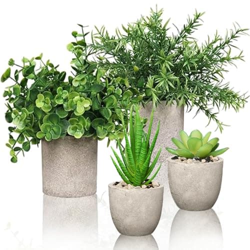 Image of 4 Set Artificial Plants Indoors in Pots, Small Plastic Fake Plants, Eucalyptus, Rosemary, Mini Succulents Faux Plant for Mother's Day, Office Decor, Desk, Bedroom, Bathroom, Home Decoration Summer.