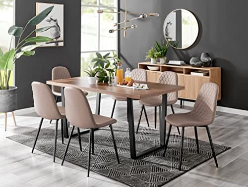 Image of Furniturebox UK Dining Set - Kylo 160cm Large Brown Wood Effect 6 Seater Dining Table with Industrial Black Legs & 6 Cappuccino Faux Leather and Black Leg Corona Dining Chairs