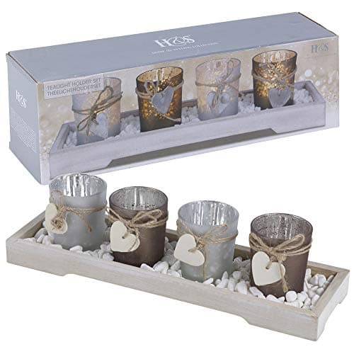 Image of URBNLIVING Home Decor 4 Tea Light Holder With Wooden Tray (Brown and White)