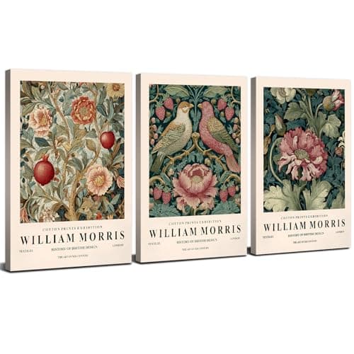 Image of 3Pcs William Morris Wall Art Vintage Flower Canvas Prints for Bedroom Nature Wildflower Painting Poster Rustic Animal Birds Pink Botanic Canvas Artwork for Living Room Office Home Decorations 12x16"