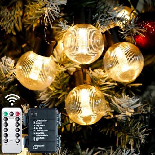 Image of DSLebeen Battery Festoon Lights Outdoor: 9m 30ft Waterproof Battery Powered Fairy Lights 12pcs G60 Large LED String Bulb Light with Remote Control for Garden, Patio, Pergola Decorative Lighting