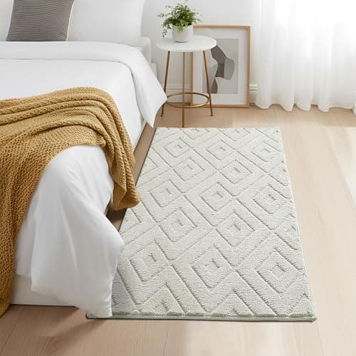 Image of Aspire Homeware Rugs For Bedroom 80x150 cm – 100% Polyester Machine Washable Cream Rugs Living Room Anti Slip Hallway Carpet Runner, Modern Hollow Square High Low Pile Rug For Kids Room Non Shedding