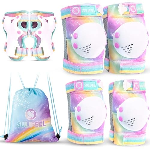 Image of SULIFEEL Shiny Knee Pads for Kids Knee Elbow Pads Wrist Guards for Girls Boys Adjustable Protective Gear Set with Drawstring Bag Rainbow Unicorn