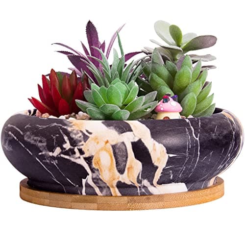 Image of ARTKETTY Succulent Plant Pots, 18.5CM Large Bonsai Pot with Drainage Tray Marble Cactus Plant Pot Ceramic Pots for Indoor/Outdoor Flower Plants Shallow Planter Container Bowl for Home Office Decor