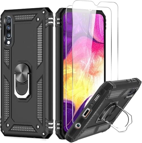 Image of LeYi Case for Samsung Galaxy A50 / A50S / A30S with [2 Pieces Tempered Glass] Ring Stand, Double Reinforced Defense Bumper TPU Silicone Shockproof Armor Case Cover for Samsung A50/A50S/A30S Black