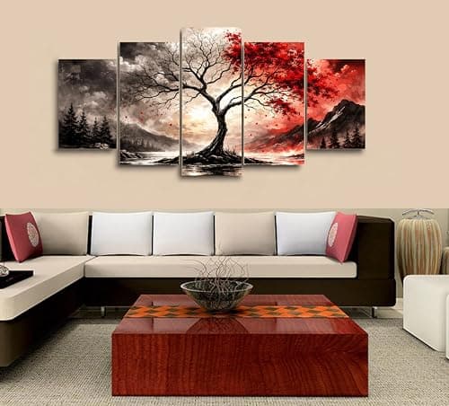 Image of Eight Brothers 5 Piece Canvas Wall Art Abstract Tree of Life Nature Landscape Five Panel Framed Canvas Prints Modern Wall Decor for Living Room Bedroom Office Artistic Interior Design