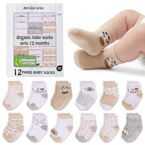 Image of Mother's Choice Organic Cotton Baby Socks 6-12 Months, 12 Pairs Unisex Anti Slip - Soft & Hypoallergenic Baby Girl & Boys Socks (US, Age, 6 Months, 12 Months, Brown)