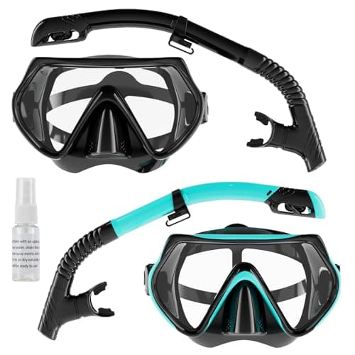 Image of Snorkel Set Adults, Scuba Snorkelling Packages with 180° Panoramic Anti-Fog Tempered Glass Snorkel Mask, Leak Proof Dry Top Snorkel for Snorkeling Diving Swimming with Anti Fog Spray(Black+Green)