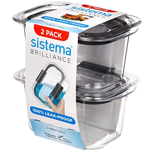 Image of Sistema Brilliance Leakproof Food Storage Container, Stain and Odour Resistant, Microwave Steam Vents, 380 ml, BPA-Free, Black Clips, Clear/Grey, 2 Count (Pack of 1)