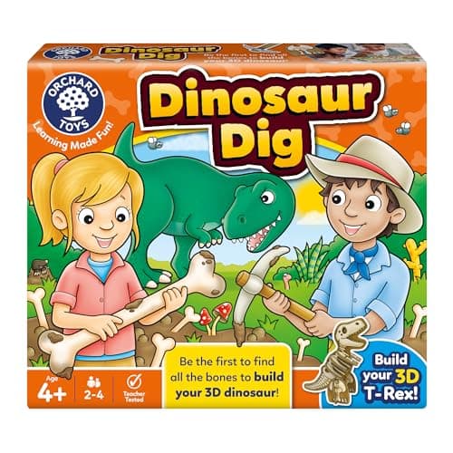 Image of Orchard Toys Dinosaur Dig Game - Matching and Memory Board Games for 4+ Year Olds - Educational Dinosaur Toys for Boys and Girls - Build a 3D Dino - For Kids Age 4+ year olds - 2-4 Players