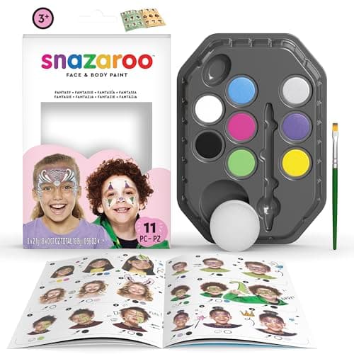 Image of Snazaroo Fantasy Face Paint Palette Kit for Kids and Adults, 8 Colours, 11pcs, Brush, Sponge, Guide, Water Based, Easily Washable, Non-Toxic, Makeup, Body Painting and Parties, for Ages 3+