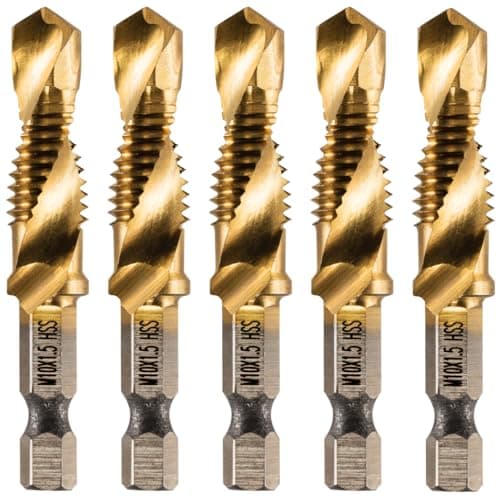 Image of Rennie Tools - Pack Of 5 - M10 x 1.5 Combination Drill and Tap Bit, 1/4" Hex Shank. Metric Coarse Titanium Coated HSS Spiral Flute Drilling Tapping Tool. 10mm x 1.5mm Pitch Drill Bit.