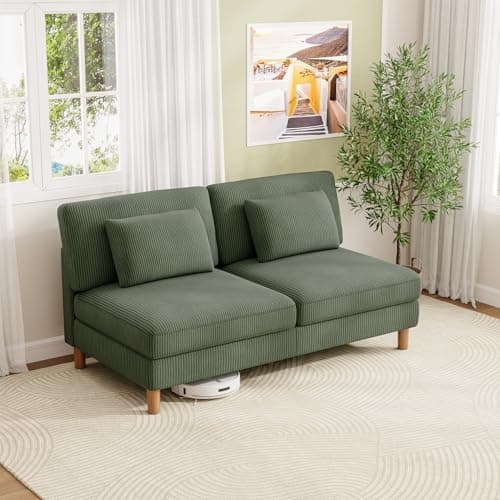 Image of Vesgantti Corduroy 3 Seater Sofa, 166cm Armless Couch with 2 Extra Pillows, Perfect for Living Room, Bedroom, Office, Apartment, Tool-free Assembly, 166L*88D*84Hcm, Green