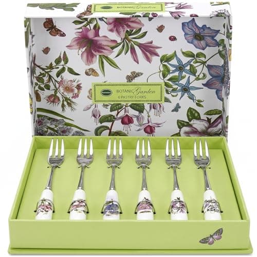 Image of Portmeirion x Botanic Garden 6 Piece Pastry Fork Set - Elegant Porcelain Handle with Floral Design, Durable Stainless Steel Cutlery for Stylish Dining