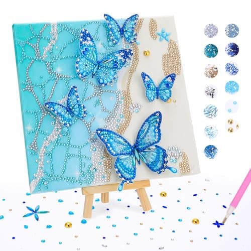 Image of Ovveroche Diamond Art Kits, 3D 5 Butterflies Diamond Art Painting Set with Wooden Frame, Blue Seaside DIY Big Gem Paintings Dots Crafts for Kids Adults & Beginners Home Wall Decor Birthday Gifts