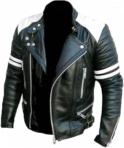 Image of Men's Brando Classic Vintage Cafe Racer Black & Red Stripes Quilted Vintage Biker Genuine Real Sheepskin Leather Jacket (UK, Alpha, XS, Regular, Regular, Black & White)