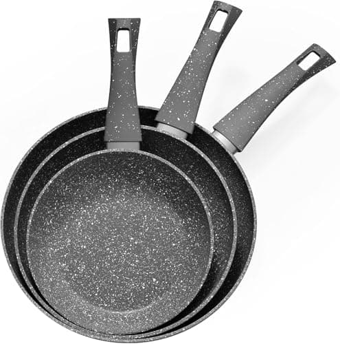 Image of Kitchly Frying Pan Set Pack of 3-20, 24 & 28cm, Granite Frying Pans Nonstick Coating & Anti-Scratch Surface, Suitable for All Hobs – Induction, Gas & Electric Cooktops (Black)