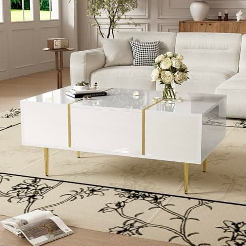 Image of BTM White High-gloss Coffee table, Modern Coffee Table with 2 Drawers, 60x100x41.5cm