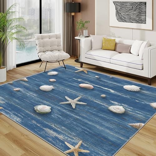 Image of TerroVee Seashell Starfish Rug - Ocean Nautical Distressed Small Rugs for Bedroom 40x60, Coastal Beach Floor Mat Soft Washable Non Slip Indoor Mats, Nautical Home Decor
