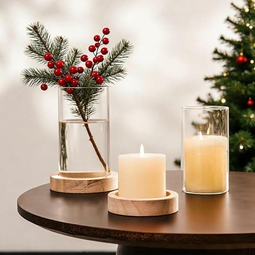 Image of NUPTIO Hurricane Glass Candle Holders: Clear Round Cylinder Vases with Wood Plate Base for Pillar Floating Candles Set of 2 Wooden Hurricanes Vase Pillars Holder for Wedding Party Table Centerpiece