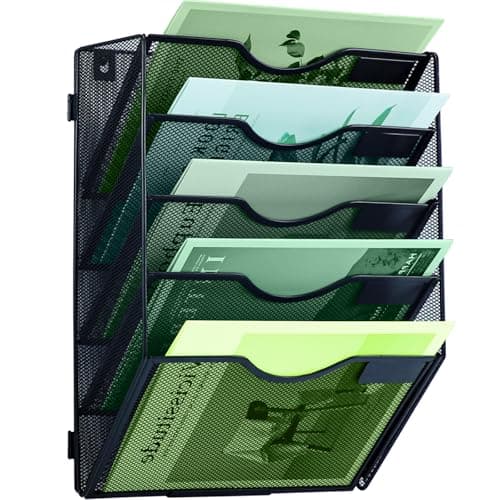Image of IOUGDSEC 5 Tier Mesh Hanging File Organizer Vertical Wall File Organizer Wall File Holder Wall Hanging Storage Organiser in Tray for Office School Home, Black