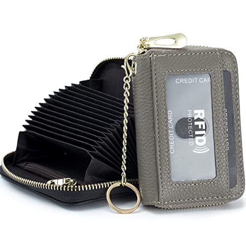 Image of imeetu Credit Card Holder for Women RFID Card Holder Wallet Slim Leather Ladies Card Holder with 12 Card Slots, 2 Wide Cash Slots, Keyring & ID Window (Small,Grey)