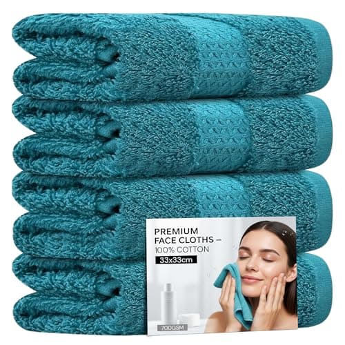 Image of Towelogy® 4 Pack Face Cloths – 100% Combed Cotton Flannels 33x33cm – Soft Facial Towels for Cleansing, Makeup Removal & Skincare (4, Turquoise)