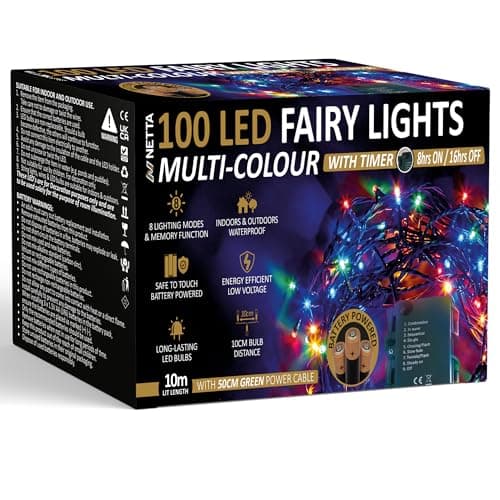 Image of NETTA Battery Operated 100 LED 10M Christmas Tree Fairy Lights with Timer - 8 Different Mode String Lights for Outdoor & Indoor Use - Multi Coloured