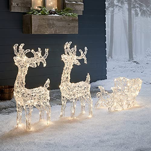 Image of Lights4fun Outdoor LED Reindeer & Sleigh Christmas Acrylic Light Up Figure Garden Display Decoration with 240 Warm White LEDs Plug In with Timer 70cm