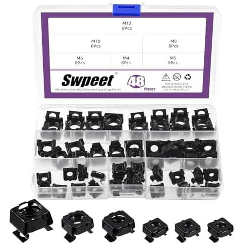 Image of Swpeet 48Pcs 6 Sizes M4 M5 M6 M8 M10 M12 Black Zinc Plated Carbon Steel Snap-in Cage Nuts, Square Cage Nut, Rack Rail Retainer Nuts, Server Shelf Cabinets Rack Mount Cage Nuts, Clip-On Computer Nuts