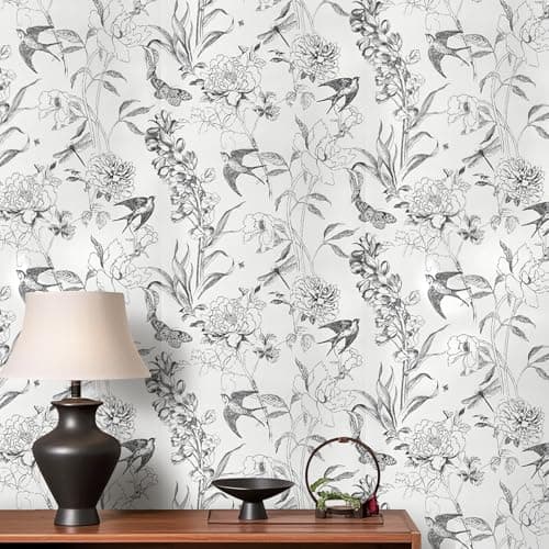 Image of Trafagala Vintage Floral Wallpaper Black and White Flower Butterfly Bird Wallpaper Nature Botanical Garden Style for Bedroom Adults Women Girls Living Room Cabinets