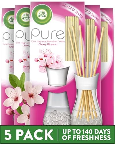 Image of Air Wick Reed Diffuser Multipack, Cherry Blossom Scent, Pack of 5 x 25 ml, 6 Weeks of Long-Lasting Freshness, Elegant Home Decor, Neutralizes Odors, Enhances Room Ambiance, Air Freshener