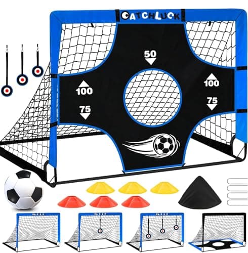 Image of CATCHLUCK Football Goal Target Pop Up Kids Goal 5 In 1 Portable Foldable Kids Football Net Indoor Outdoor Training Equipment with Target and Carry Bag, Blue