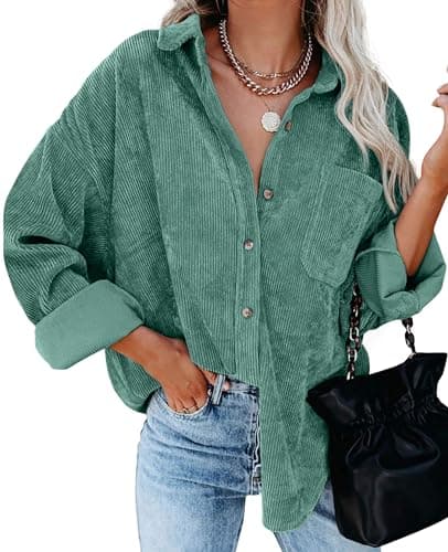 Image of QIXING Womens Corduroy Oversized Shacket Button Down Boyfriend Shirts V Neck Cotton Long Sleeve Blouses with Pocket Casual Work Jacket for Women UK Ladies Tops Autumn Winter (Green, XL)