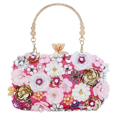 Image of Milisente Floral Clutch Bag for Women Beaded Flower Evening Purse with Diamond Closure Detachable Chain for Wedding(Hot Pink)