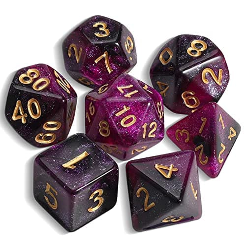 Image of QMAY DND Dice Polyhedral Dice Set - 7 Pieces for Dungeon and Dragons MTG RPG D&D D20, D12, D10, D%, D8, D6, D4 (Purple Mixed Black + Glitter)