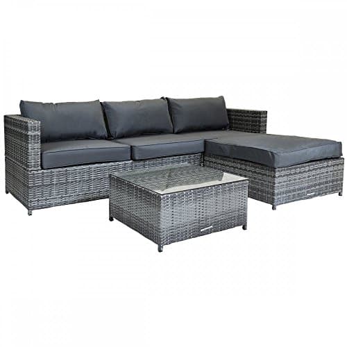 Image of CHARLES BENTLEY L-Shaped, 3 Seater, Rattan Furniture, Lounge Set, Grey, Grey Weave, Outdoor, Garden, Patio, Showerproof, Removable Cushions, Easy Clean, Glass Tabletop, Foot Stool, Steel (73x73x64cm)