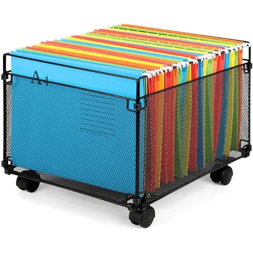 Image of Belle Vous Black Metal Mesh A4 Suspension File Frame with Wheels - Desktop Hanging File Folder Organiser Storage Rack for Office/Home - Holds 80 Files