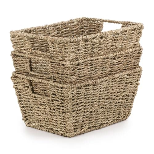 Image of Woodluv Seagrass Woven Wicker Shelf Storage Basket Set, Display Gift Hampers, Set of 3 Handwoven Multi-Purpose Shelves Storage Baskets W/Handles for Bedroom & Home Office