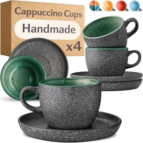 Image of Cosumy Cappuccino Cups and Saucers Set of 4-200ml Ceramic Coffee Cups, 𝗘𝘅𝘁𝗿𝗮 𝗧𝗵𝗶𝗰𝗸 Stoneware - Handmade Reactive Glaze - Keeps Warm Longer (Green)