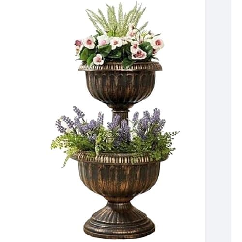Image of Faboer 2 Tier Planter Display Flowers/Plants Antique Effect Stable Base Outdoor Garden Patio Decking Balcony Indoor Decor Pots (Bronze)