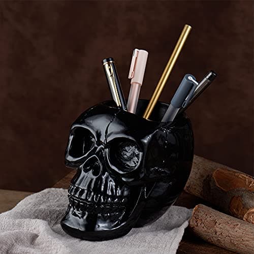 Image of Arola Black Skull Pen & Pencil Holder Skeleton Key Holder Makeup Brush Holder flower pot Home Office Desk Supplies Organizer Accessory